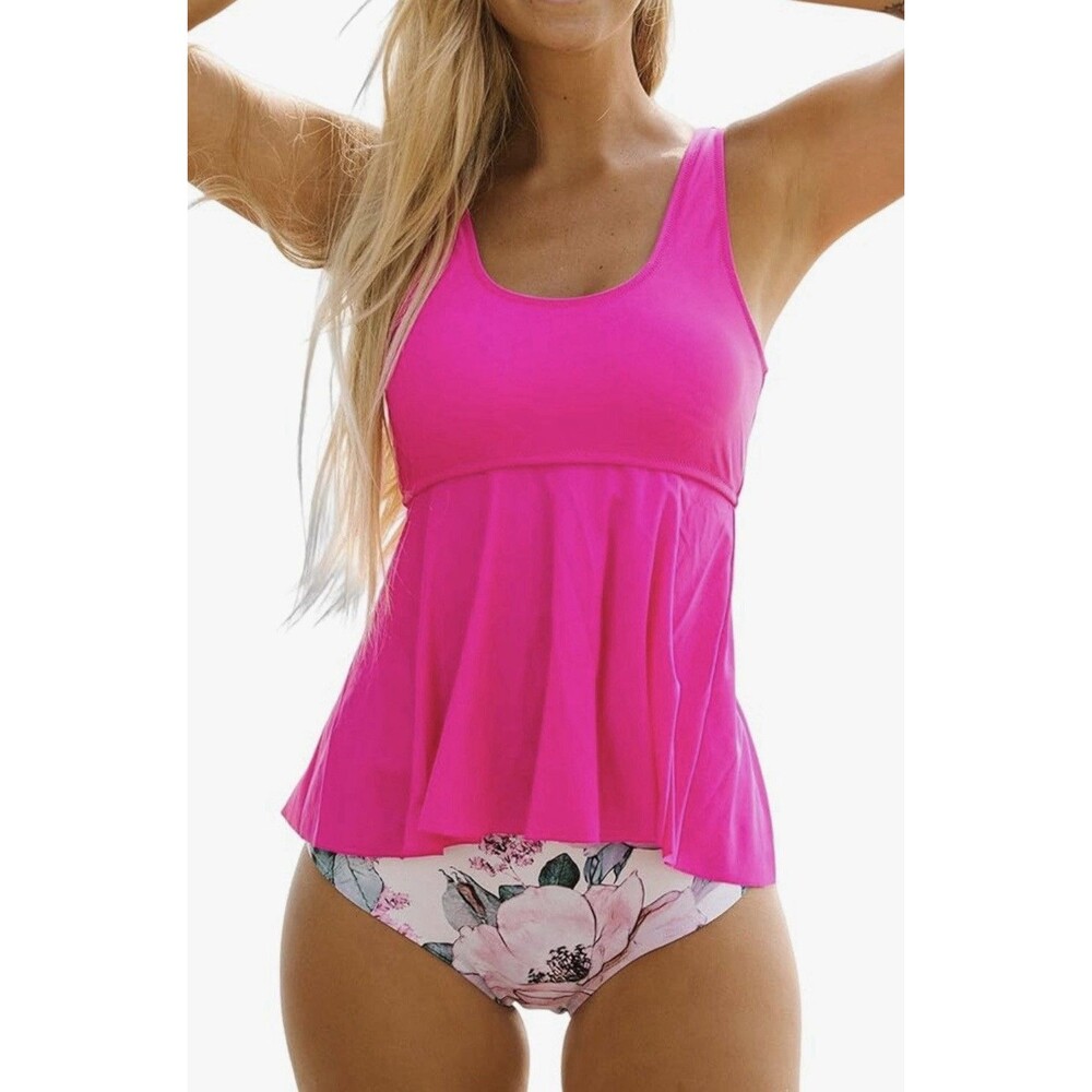 Beachsissi Women’s Tankini Swimsuit Flower Print Ruffle Hem Tummy Control